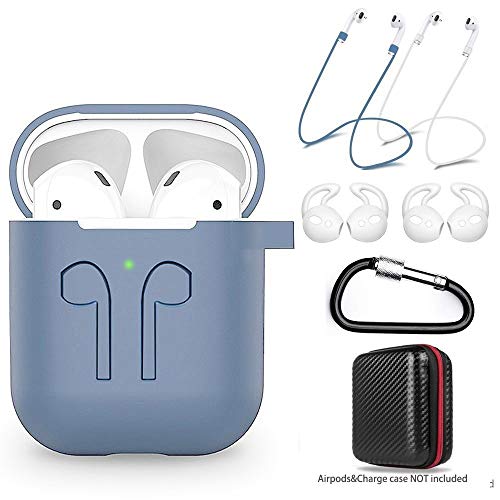 amasing AirPods Case 7 in 1 for Airpods 1&2 Accessories Kits Protective Silicone Cover for Airpod Gen1 2 (Front Led Visible) with 2 Ear Hook /2 Staps/1 Clips Tips Grips/1 Zipper Box Navy Blue