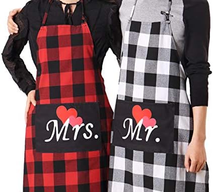 Mr. and Mrs. Plaid Matching Aprons-Couple Kitchen Baking Set-Personalized Cooking Bibs-Lumberjack Cotton Buffalo Check Pattern-Gift for Bridal Engagement Wedding Marriage Newlywed (Plaid Couple Set)