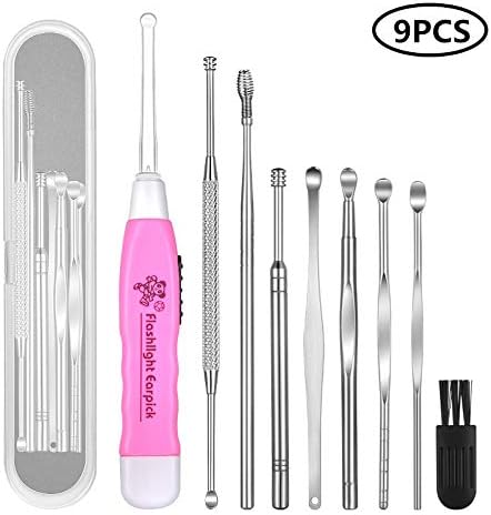9 earplugs, Ear Wax Removal, ETEREAUTY Ear Spoon Stainless Steel Medical Grade with Storage Box and Cleaning Brush, a Shallow Ear Spoon (Random Color)
