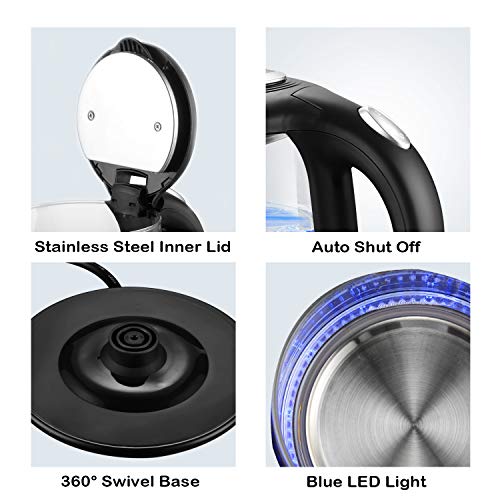 Stariver Electric Kettle Glass Tea Kettle Heater, 2 Liter Large Capacity with LED Light, Auto Shut-Off and Boil-Dry Protection, Stainless Steel Inner Lid and Bottom, Black