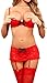 COSWE Women's Lace Open Cup Bra and Garter Skirt Set (L, Red)
