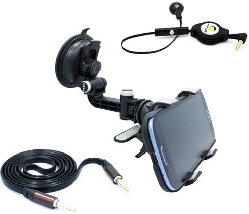 Accessory Bundle includes Premium Car Mount Window Phone Holder + Flat AUX Cable + Retractable Mono Headset for Net10 / Straight Talk / Tracfone Samsung Galaxy S3 SCH-S960L / Galaxy S4 S970 / Galaxy S5 / S3 Mini - Galaxy Note 2 / Note 3 / Note 4 / Edge - LG G3 G2 - Motorola Moto X / G / E