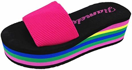 Sunday Women Slippers,Ladies Summer Fasion Rainbow Mid Heel Non Slip Sandals Casual Striped Flip Flops Sandals Beach Shoes Sandals Shoes for Ladies (38, Pink)