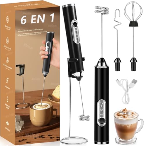 MXHIGO 6 en 1 Espumador de Leche Recargable con 3 Cabezales de Batidores de Acero Inoxidable y Base de Soporte, Agitador de Leche Eléctrico, 3 Velocidades Ajustables, Para Latte Capuchino Matcha Café