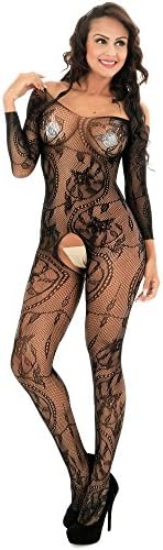 Aufavori Crotchless Bodystockings Plus Size Women Sleeves Bodysuit Sexy Teddy Lingerie (Black)
