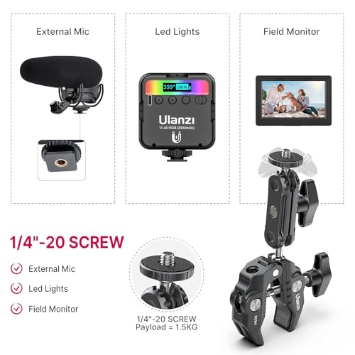 ULANZI Super Clamp Camera Clamp Mount Monitor 360° Ballhead Magic Arm Double Ball Head Adapter with 1/4"-20 & 3/8"-16 Thread ST-07 Phone Tripod Mount