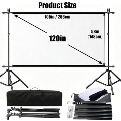 Projektor-Leinwand mit Ständer, 120"(266 x 148 cm) 16:9 4K HD Faltbare Waschbare Beamer Leinwand mit Stativ, 2-in-1 Wandmontage & freistehende Outdoor-Filmleinwand für Heimkino, Hinterhof, Camping
