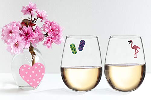 Flamingo Beach Wine Glass Charms - Set of 7 Magnetic Markers or Tags for Stemless or Regular Glassware by Simply Charmed