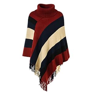 Ferand Elegante gebreide poncho top voor dames met strepen patronen en franjes