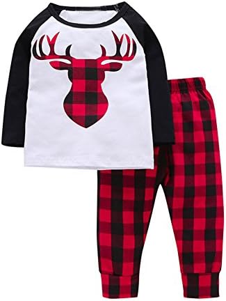 Tomfree Baby Boys Girls Deer T Shirt Top Red Black Plaid Cotton Pants 2 Pcs Outfits Casual Suit