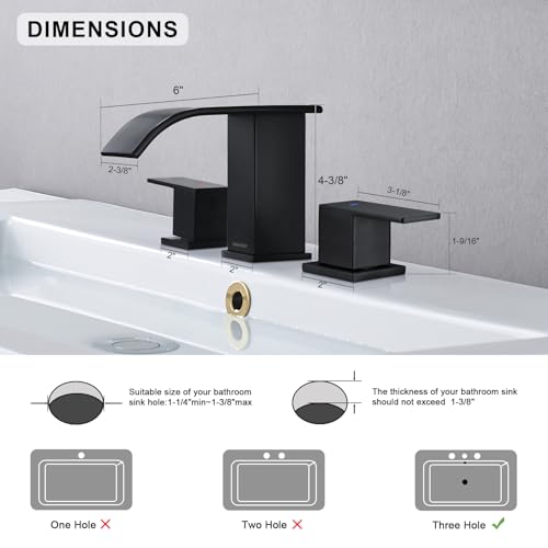OMEKNTOP Matte Black Bathroom Faucet 3 Hole, 8 Inch Waterfall Black Bathroom Faucet with cUPC Hose, Two Handle Bathroom Sink Faucet for Basin Lavatory Vanity