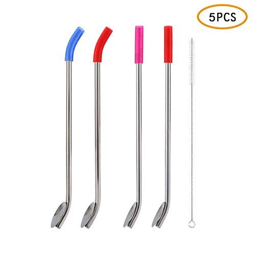 Umiwe Reusable Spoon Straws Stirrer,4 PCS Stainless Steel 2 in 1 Drinking Straws Stirrers with 1 Cleaning Brush for 30oz 20oz Tumblers Cups Mugs Yeti Rambler Rtic Ozark Trail