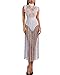 Women's Sexy Lace Sheer See Through Glitter Tassel Bodysuit Dress White L