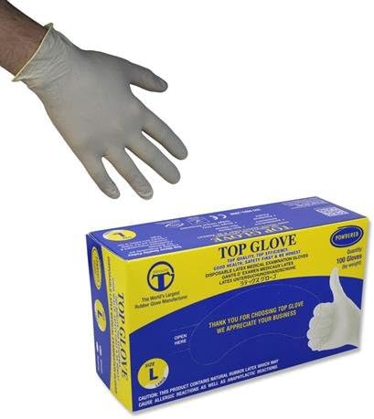 Top Glove Lightly Powdered Disposable Latex Gloves - AQL 1.5 - Box of 100 (Large)