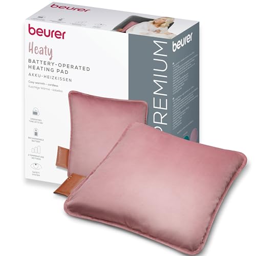 Beurer Heaty Heizkissen, kabelloses Heizkissen mit Akku, Wärmekissen mit Abschaltautomatik und 3 Temperaturstufen, mit Schnellheizung, weicher Samtstoff, blush-rose/rosa