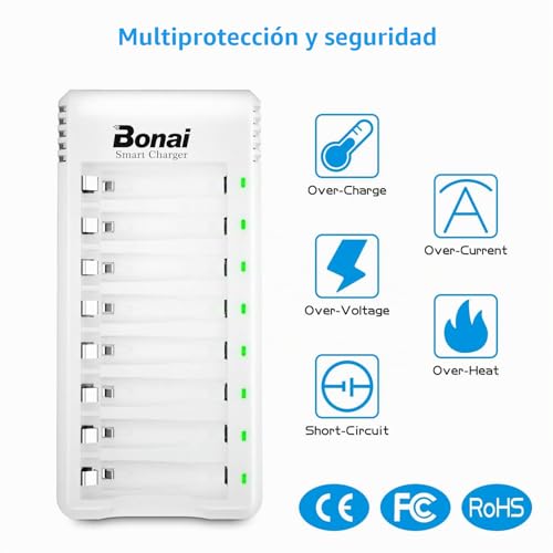 BONAI Rechargeable Ni-MH Battery Charger with 4 Pieces 2800mAh AA and 4 Pieces 1100mAh AAA Ni-MH Rechargeable Batteries with USB Port