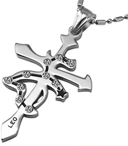 Mens Womens Stainless Steel Retro Cross with Zirconium Zodiac Vintage Necklace Leo