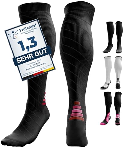 Compression Socks for Women & Men (20-30 mmHg) Knee-High Flight Socks, Graduated Ankle and Calf Support for Travel, Running - Seamless Toe, Padded Heel and Sole (Black w Red S-M)