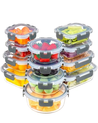 Pure Future 24-Piece Set (12-Pack) Borosilicate Glass Food Storage Containers with Upgraded Detachable Locking Lids - Leak Proof Meal Prep Lunch Boxes, Oven/Microwave Safe