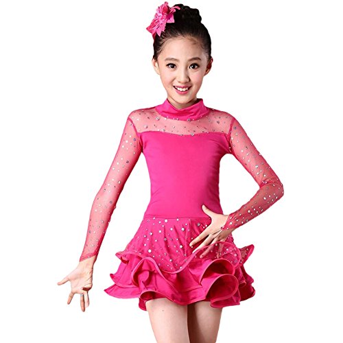 Girls Sequin Dance Costume Latin Rumba Dance Dress Spandex Ballroom Dancewear (Rose red, 7-8)