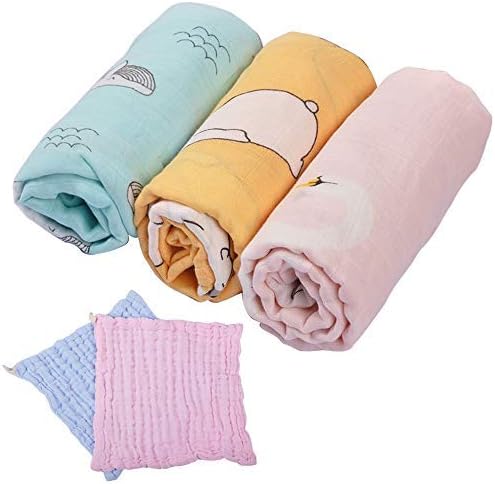 Cunina Baby Muslin Swaddle Blankets, Wrap Soft Silky Bamboo Design Neutral Receiving Blanket for Boys and Girls, 47 x 47 inches, 3 Pack -Bear/Swan/Whale, 2-Pack Baby Drooling Bibs