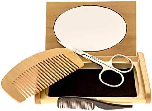 Mr Rugged Beard Trimming Set with Mustache Scissors, Plastic Mustache Comb, Wood Beard Comb, Mirrored Wood Case &amp; 3 Plastic Barber Aprons - Great Gift Set for Men