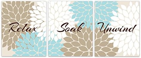 Light Blue, Tan and White Bathroom Décor - Relax Soak Unwind - Floral Bathroom Wall Art Prints - BATH80
