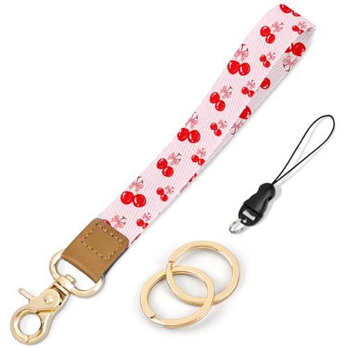 Knagsfa Wrist Lanyard for Keys, Cute Wristlet Keychain for ID Badges, Wallet and Phone Wrist Strap for Women, Red Cherry