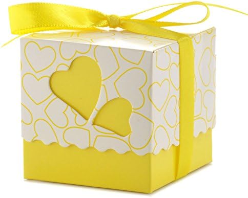 Vsolucky 50pcs Yellow Heart Window Candy Paper Box Wedding Party Favor Gift Boxes with Ribbons for Bridal Party Birthday Baby Shower Decoration