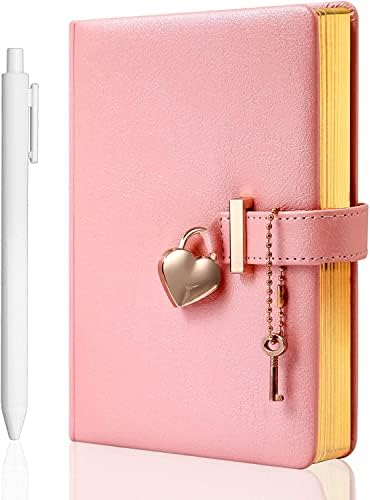 Heart Shaped Lock Diary with Key for Girls PU Leather Cover Journal Personal Organizers Secret Notebook for Women, B6 Size 5.3x7 inch, Pink