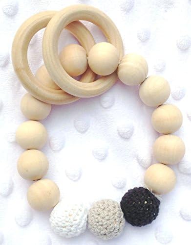 Cozly Baby Teething Rings Wood Chew Toy BPA Free Nursing Bracelet Wooden Organic Teether for Toddlers with Knitted Balls (black)
