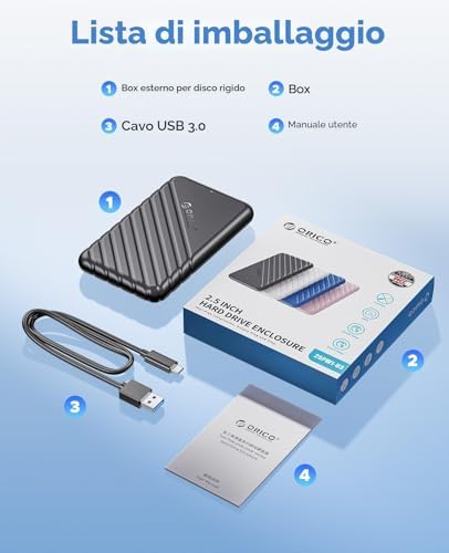 Case Esterna per HDD/SSD 2,5 pollici SATA, USB 3.1 Gen 1 (6Gbps) fino a 6 TB, Supporta UASP e TRIM, Senza Attrezzi per Unità da 7mm/9,5mm – Nero (25PW1-C)
