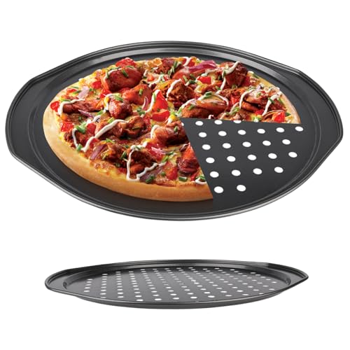 Round Pizza Pan with Holes, Pizza Pans 14 Inch Steel Rust-Free Nonstick Pan with Holes & Handle 0.4mm Thick Round Tray for Bread Cakes Baking