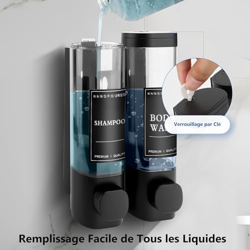 MEKOTRIN Wall Mounted Soap Dispenser, Shower Gel Dispenser, Double Shampoo and Conditioner Dispenser without Drilling ABS for Bathroom, Kitchen, Market, Hotel, Restaurant 300 ml x 2 (Black)