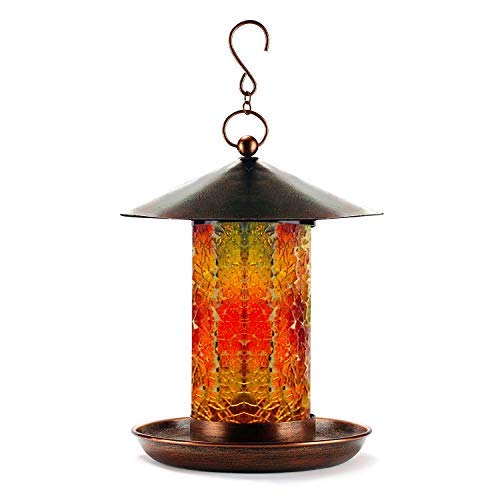 WDS Solar Powered Hanging Bird Feeder for Outside | Handcrafted Mosaic Glass Tube | Dazzling Bronze Bird Feeders for Outdoors | Waterproof Garden Birdfeeder - Unique Gift Idea