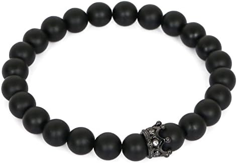 LOLOJ Charm Black Matte Agate Kings Crown Energy Beaded Bracelet(Black)