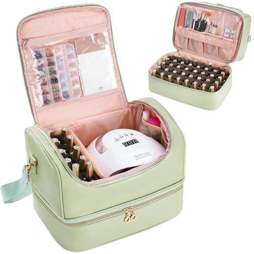 Uross Nail Polish Organizer Bag Holds 50 Bottles Nail Polish, Nail Lamp, Nail Supplies- Nail Organizers and Storage Case for Nail Tech, Nail Stuff Gel Kit Box Gift for Manicurist- Green