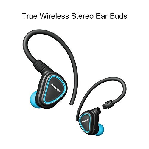True Wireless Earbuds With Microphone Shield By Jabees, Detachable Flex-wire Earhooks, Fitness Earphones with Touchpad, Sweat Proof, On-The-Go Charging Case (Blue)