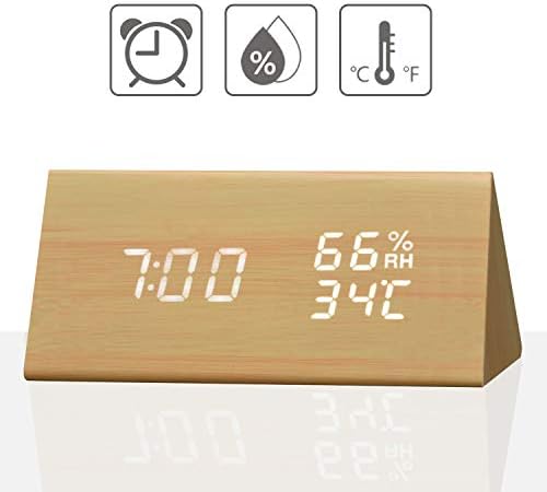 Digital Alarm Clock, 3 Alarm Settings, with Wooden Electronic LED Time Display, Dual Temperature & Humidity Detect, Ideal for Bedroom, Bedside Kids, Batteries not Needed