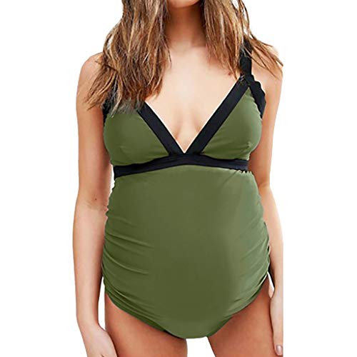 Maternity Tankini, Plus Size Women's Pregnant Solid Color Swimsuit Solid Strappy Swimsuit Bikinis Halter Pregnant V Neck Backless Beachwear lkoezi (L, Green)