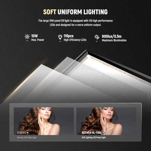 Neewer 9" LED Video Light Panel, Dimmable DSLR Camera Soft Lighting, 4000mAh Rechargeable Battery, USB Type C Ports, 3200K~5600K CRI95+ 600Lux for Photography Video Recording Live Streaming, NL-116AI