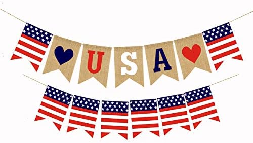 Cieovo 2 Pieces American Burlap Banner Independence Day Decoration