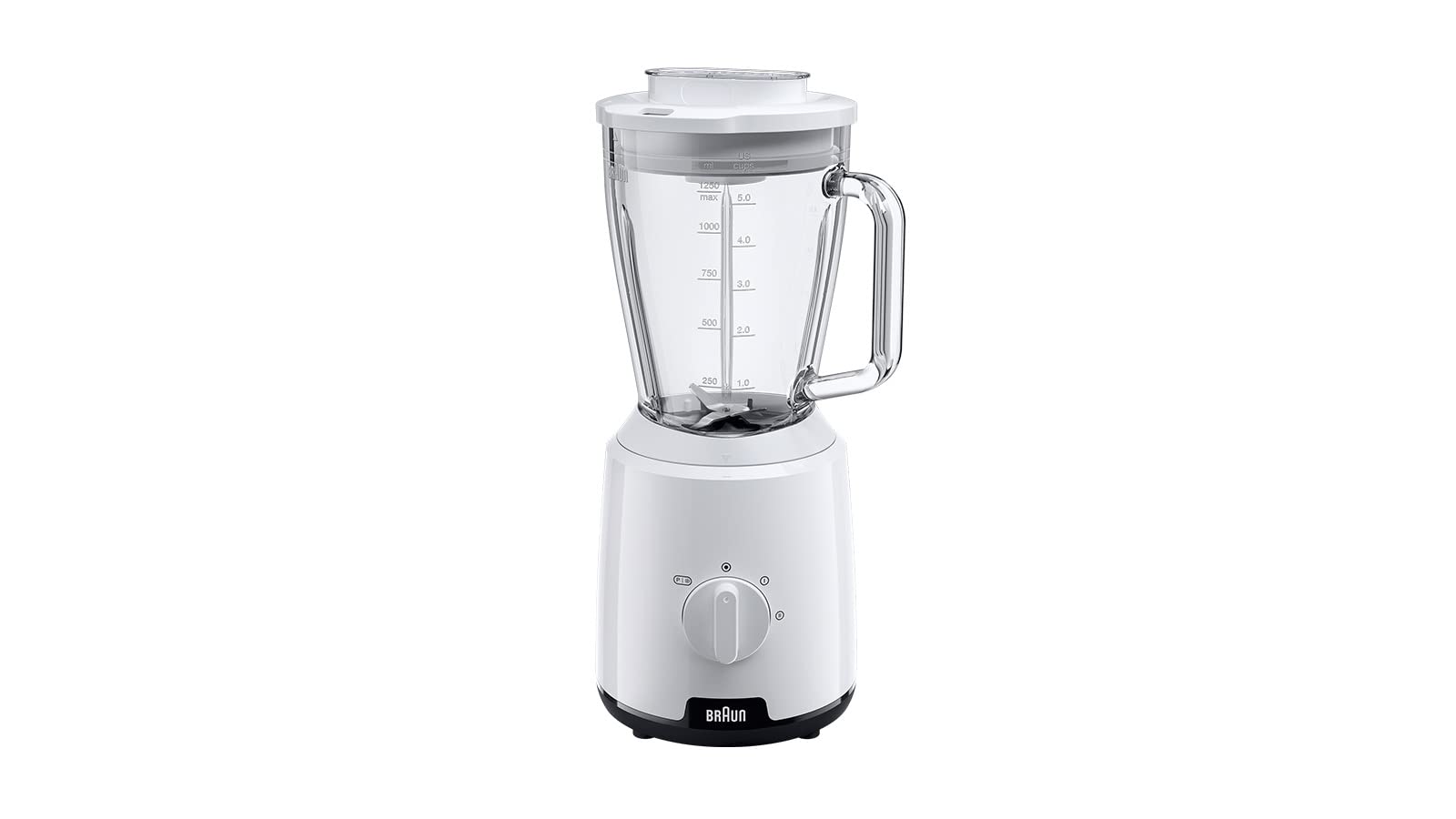 Braun PowerBlender 1 - Frullatore con caraffa triangolare singola in vetro, 2 velocità, funzione di frantumazione del ghiaccio, JB1050WH, 600 W, bianco