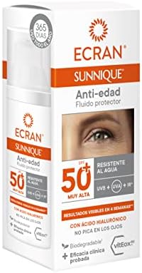 Sunnique - Fluido Facial Solar Anti-edad FPS 50+, con Ácido Hialurónico, Protección Muy Alta UVB + UVA e IR-A, Anti Arrugas y Anti Manchas, Fórmula con VitEox 80, Para Cara y Escote - 50 ml