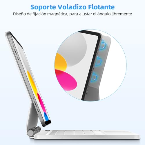 Bettdow Keyboard for iPad 10 Generation 10.9" 2022/11 Generation A16 11" 2025, QWERTY Spanish Ñ Design Magnetic Floating Keyboard with Trackpad and Backlit, White