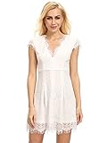 ROMWE Women's Gorgeous V neck A Line Sexy Short Cap Sleeve Lace Dress White XS