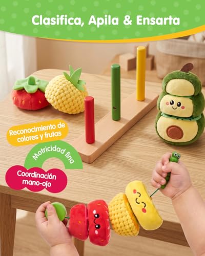 hahaland Juguetes Montessori 1 Años - Frutas Apilables con Cordón para Ensartar, Juego Educativo Sensorial para Motricidad Fina, Regalo Niño 1 2 3 Años