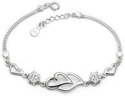 Live Future 925 Long Sterling Silver Necklace Hearts are Linked Together Hand Catenary for Women Girls (Silvery)
