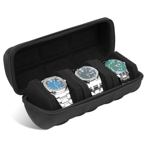 Taopk Ensk 3 Watch Travel Case Organizer Roll, Hard Shell Watch Case with Soft Foam Pillows, Universal Fit for 60mm Watches and Compact Display Storage Box.