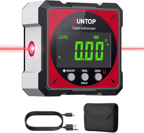 XUNTOP Digital Inclinometer 4 x 90° Laser 4 Sides Magnetic N52 Rechargeable | Digital Level Accuracy ±0.1°/ 0.2° Resolution 0.05° LCD Waterproof Dustproof USB-C Household Electricians Carpenters